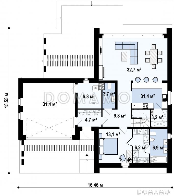 Проект современного одноэтажного мансардного дома из кирпича с панорамным остеклением, вторым светом и с гаражом / План 1 этажа