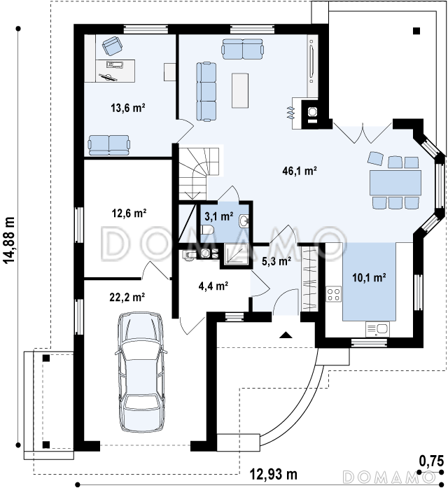 Проект просторного одноэтажного мансардного дома из газобетона с кабинетом, эркером и гаражом / План 1 этажа