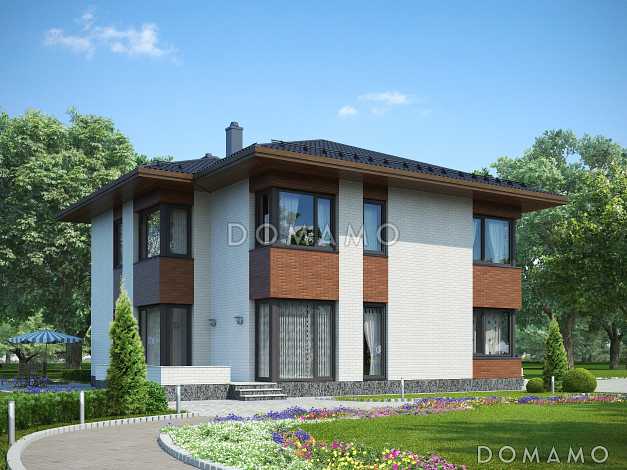 Проект загородного дома из СИП панелей с четырьмя спальными комнатами и гаражом для одного автомобиля