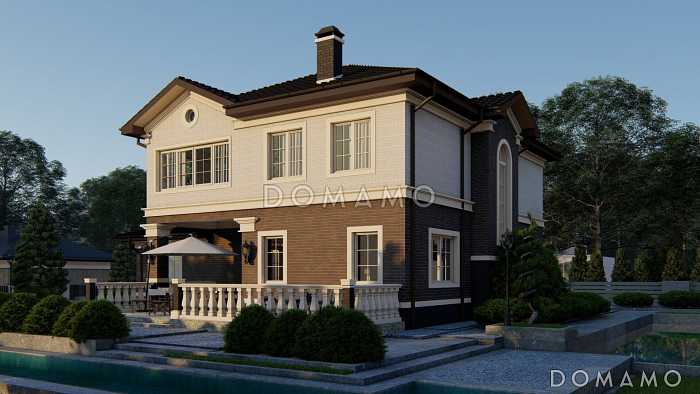 Проект двухэтажного дома с мастер-спальней с выходом на террасу, гостиной с камином, кладовой, гаражом для одной машины