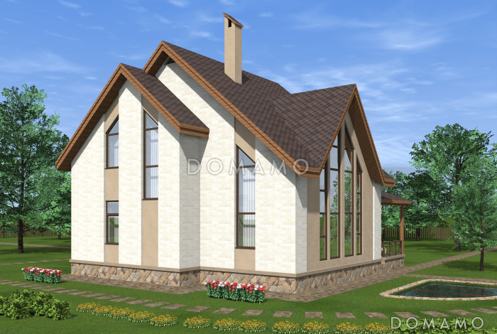 Проект коттеджа с двусветной гостиной и террасой.