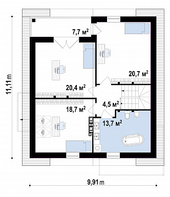 Проект одноэтажного дома из газобетона с мансардным этажом с прямоугольным эркером и балконом / План мансардного этажа