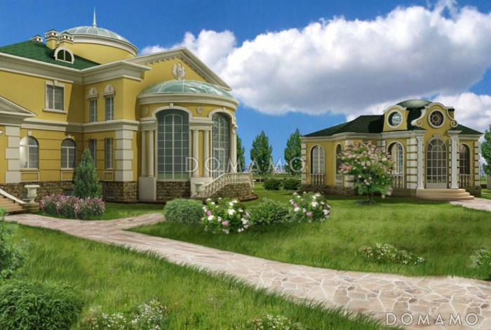 Проект двухэтажного особняка со львами у парадного входа