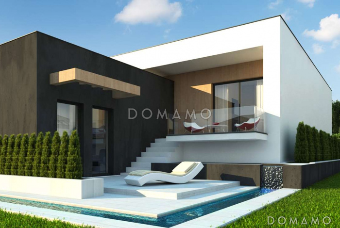 Проект современного двухэтажного дома из кирпича с подземным гаражом и террасой на втором уровне