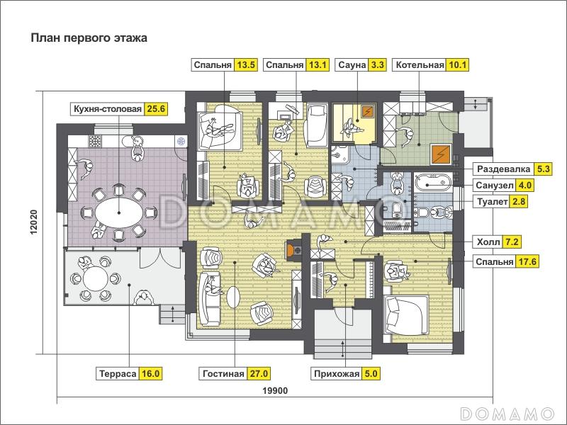 Проект одноэтажного дома с крытой террасой, сауной, тремя спальнями, большой кухней-столовой / План 1 этажа