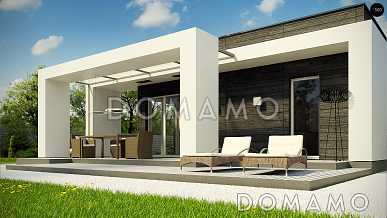 Проект одноэтажного дома из газобетона с плоской крышей, с четырьмя спальнями и крытыми террасами 