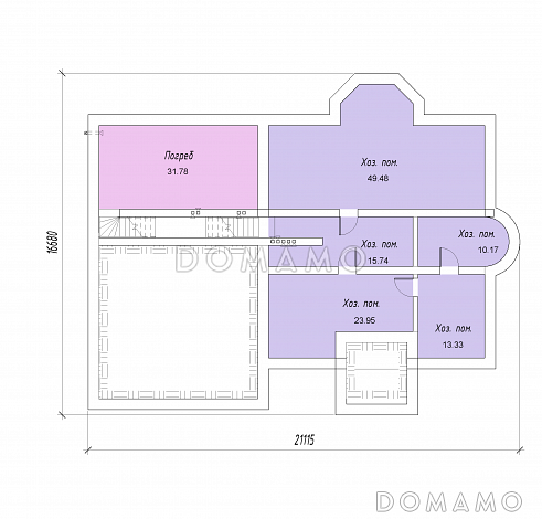 Проект двухэтажного дома с цокольным этажом, гаражом, эркером и террасой / План цокольного этажа