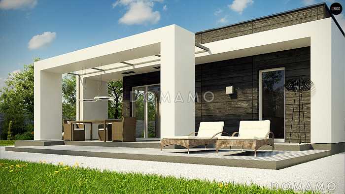 Проект одноэтажного дома из газобетона с плоской крышей, с четырьмя спальнями и крытыми террасами 