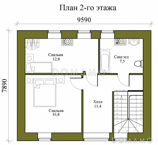 Проект двухэтажной бани с двумя спальнями и кухней-гостиной / План 2 этажа