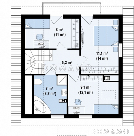 Проект загородного дома из газобетона с тремя спальнями на мансардном этаже / План мансардного этажа