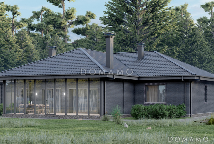 Проект одноэтажного дома с верандой, гаражом и тремя спальнями