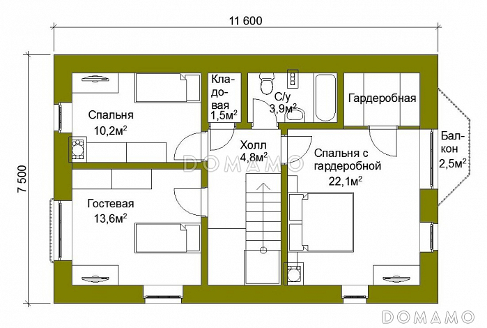 Проект компактного коттеджа из кирпича с балконом. / План мансардного этажа