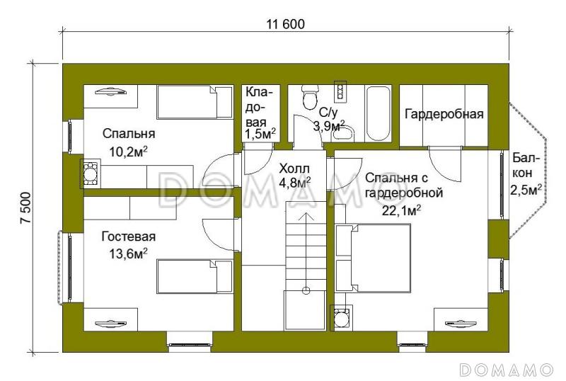 Проект компактного коттеджа из кирпича с балконом. / План мансардного этажа