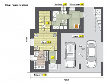 Проект загородного дома с навесом на две машины, крытой террасой, техническими помещениями на первом этаже / План 1 этажа