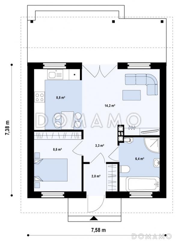 Проект маленького одноэтажного дома из газобетона с просторной крытой террасой / План 1 этажа
