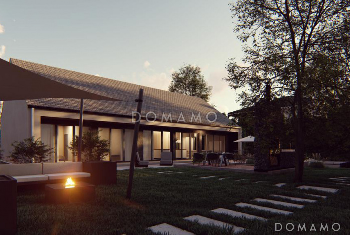 Проект одноэтажного дома с ванной с окном, кабинетом, просторными гостиной и кухней-столовой