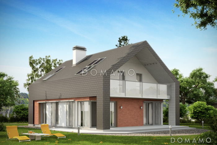 Проект одноэтажного мансардного дома из газобетона с балконом и современными элементами экстерьера 