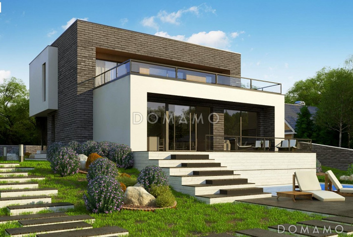 Проект современного двухэтажного дома из газобетона с плоской крышей, с четырьмя комнатами, гаражом и террасами на двух уровнях  