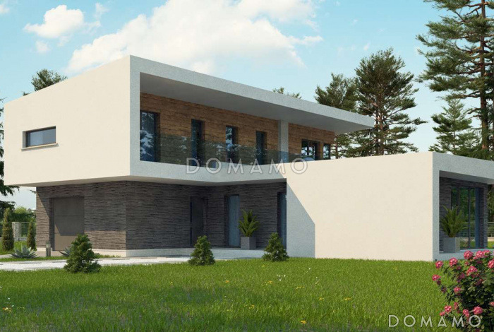 Проект современного двухэтажного дома из кирпича с плоской крышей, четырьмя комнатами и одноместным гаражом