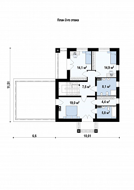Проект современного двухэтажного дома из кирпича балконом, лоджией и открытой террасой над двухместным гаражом / План 2 этажа
