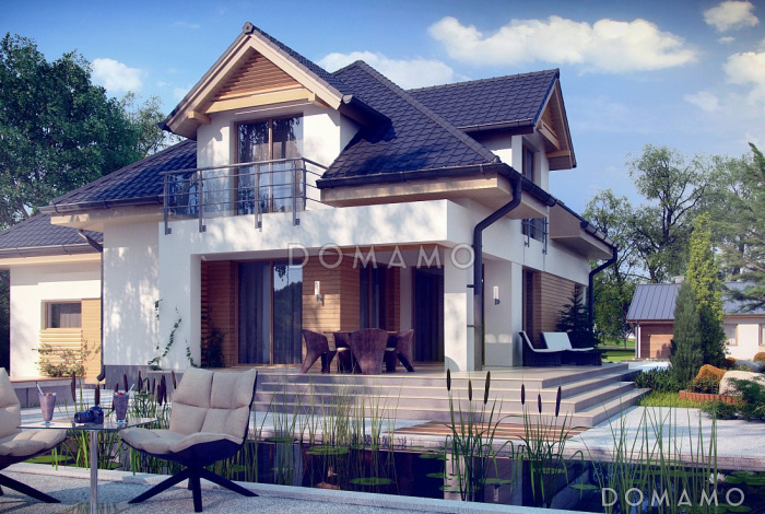 Проект загородного дома с подвалом, гаражом, террасой, кладовой на кухне, балконом