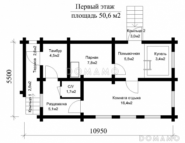Проект одноэтажной бани из бруса / План 1 этажа