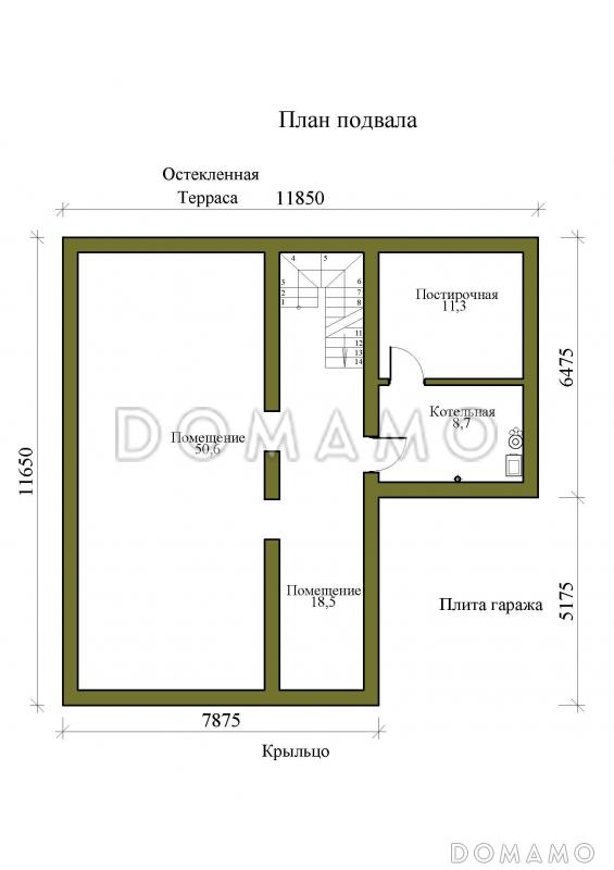 Проект двухэтажного дома с подвалом, гаражом и верандой / План цокольного этажа