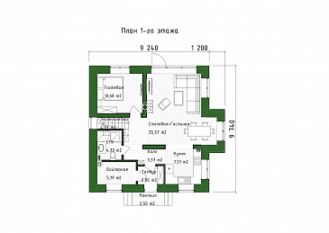 Проект компактного двухэтажного дома с 3 балконами и мансардой / План 1 этажа