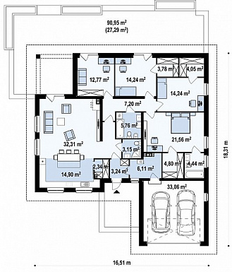 Проект одноэтажного дома с гаражом на две машины, мастер-спальней, кладовой на кухне, террасой / План 1 этажа