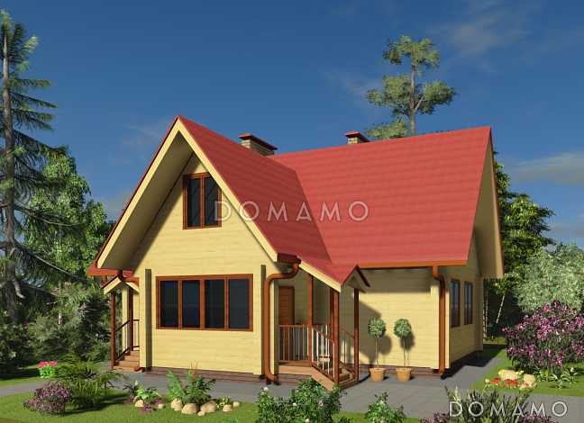 Проект одноэтажного дома из бруса с мансардным этажом и верандой