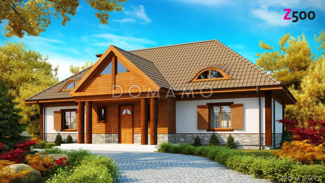 Проект просторного одноэтажного мансардного дома из газобетона с барбекю на крытой угловой террасе / 1