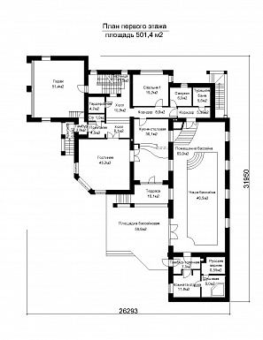Проект двухэтажного дома с подвалом и пристроенным небольшим бассейном / План 1 этажа