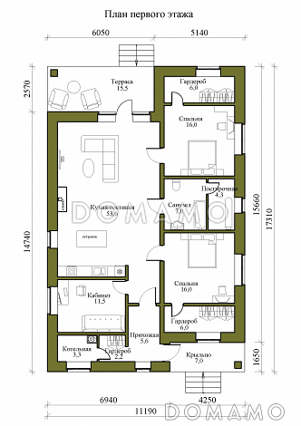 Проект одноэтажного дома с просторной кухней-гостиной и террасой / План 1 этажа