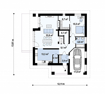 Проект мансардного дома из кирпича с четырьмя спальнями, необычным мансардным окном и гаражом / План 1 этажа