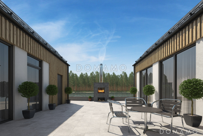 Проект современного кирпичного дома П-образной формы с патио