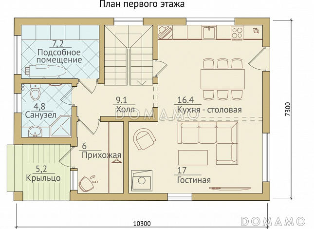 Проект современного двухэтажного каркасного дома / План 1 этажа