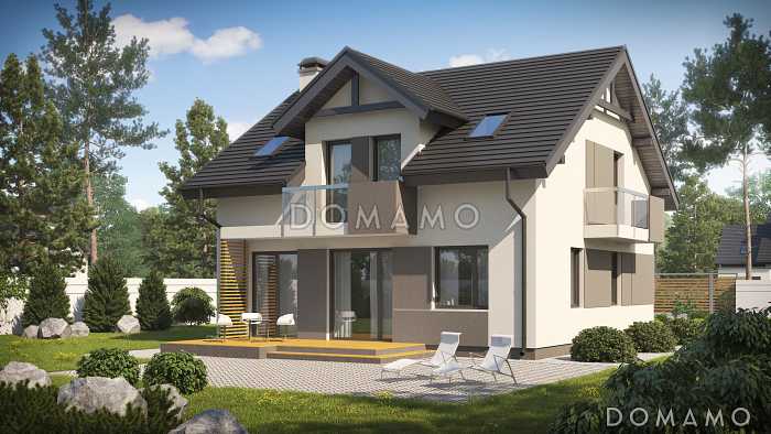 Проект загородного дома с террасой, кухней с кладовой, тремя спальнями с балконами на мансарде