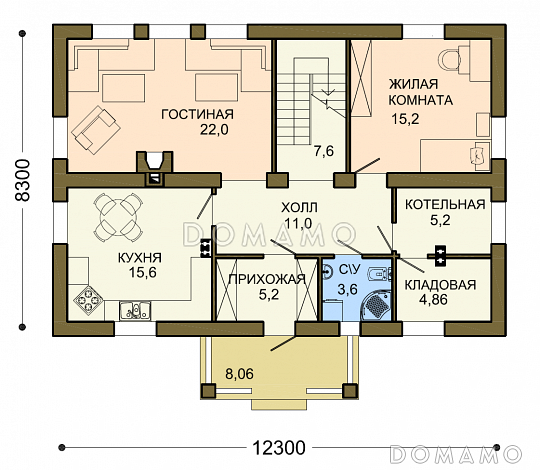 Проект уютного загородного дома с ажурным крыльцом под зеленой крышей / План 1 этажа