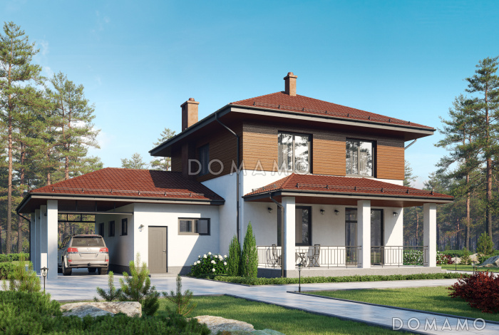 Проект двухэтажного дома с гаражом и навесом для автомобилей