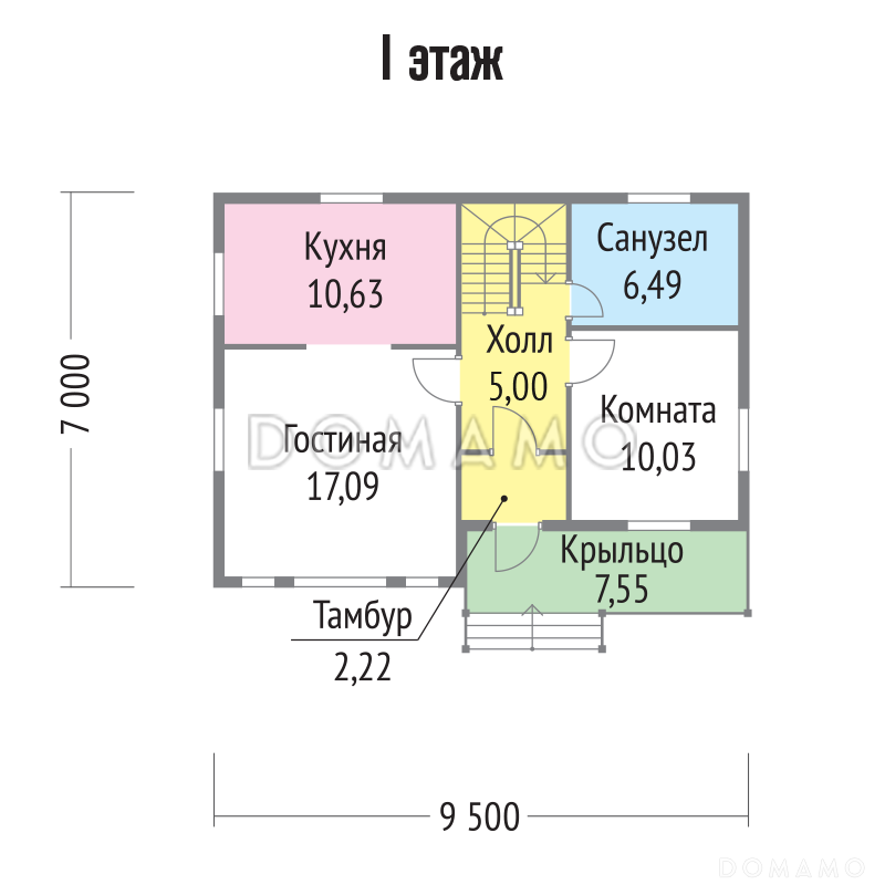 Проект дома из бруса с  тремя отдельными комнатами на втором этаже / План 1 этажа