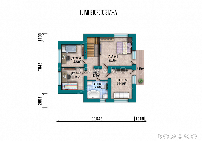 Проект дома с гаражом, четырьмя спальнями, террасой и балконом / План мансардного этажа