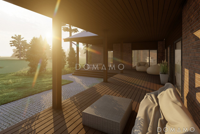 Проект каркасного дома с сауной, мастер-спальней, 2 детскими и автонавесом