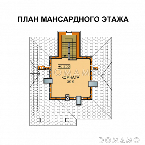 Проект дома с цокольным этажом и большой крытой террасой / План мансардного этажа