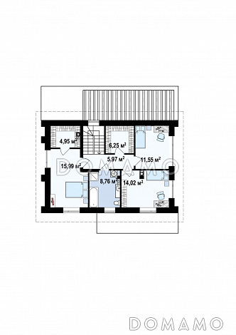 Проект современного двухэтажного дома из газобетона с четырьмя комнатами и уютной частично крытой террасой / План 2 этажа