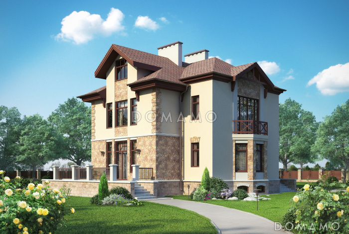 Проект дома с бассейном и просторной комнатой отдыха в цокольном этаже, сауной, гаражом на два автомобиля, открытой террасой, столовой с эркером