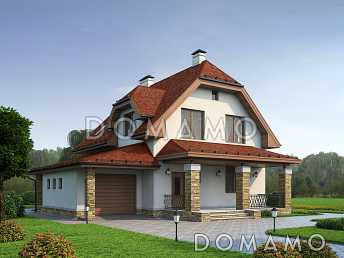 Проект дома из пеноблоков с мансардой, гаражом с подъемными воротами
