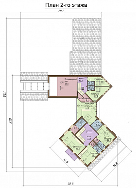 Проект большого двухэтажного дома с цокольным этажом, гаражом на три автомобиля, бассейном и зимним садом / План 2 этажа