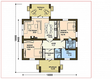 Проект одноэтажного дома с панорамным окном на крытую террасу / План 1 этажа