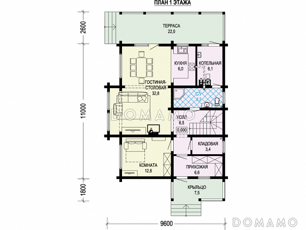 Проект двухэтажного дома с террасой, кладовой, двумя детскими спальнями / План 1 этажа