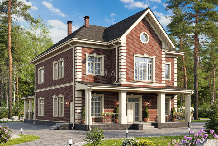 Проект загородного дома с террасами, кабинетом винтовой лестницей на мансарду, большой хозяйской спальней